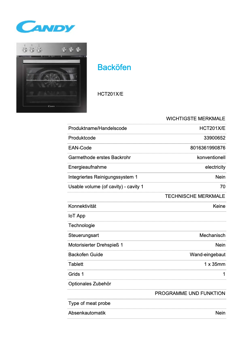 Page 1 of the manual Technical Sheet Candy HCT201X/E