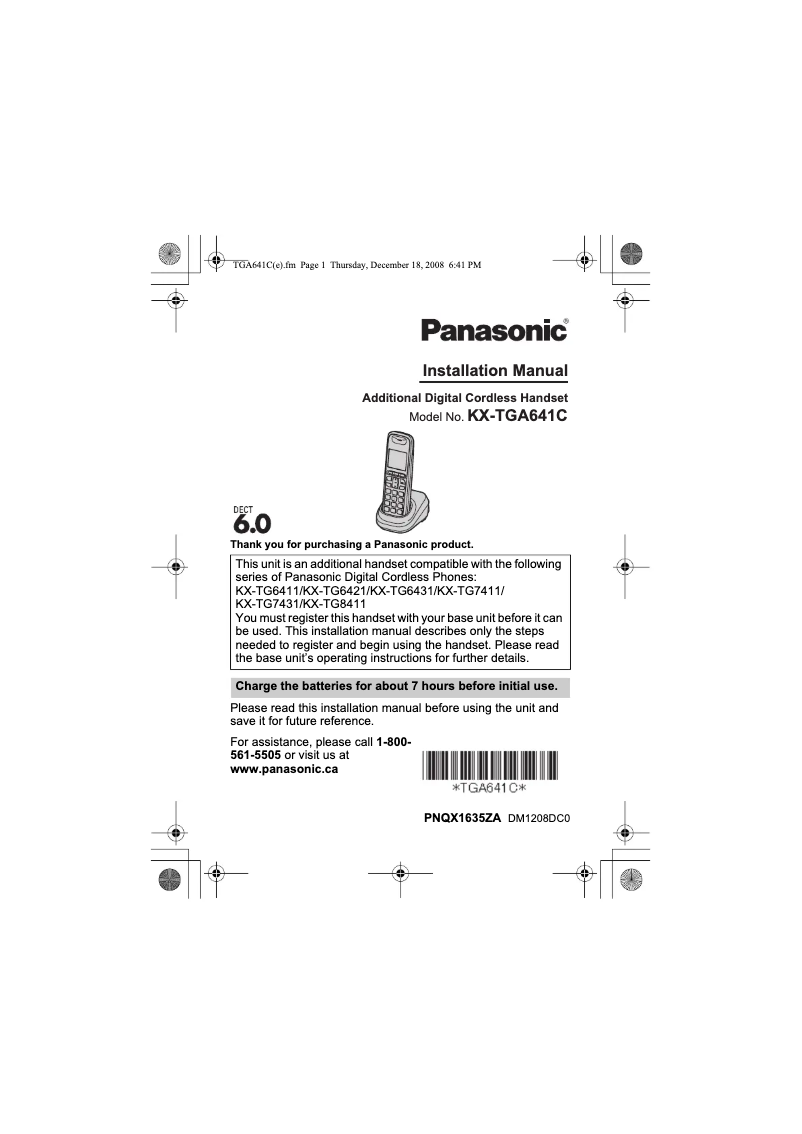 First page image of the manual for KX-TGA641