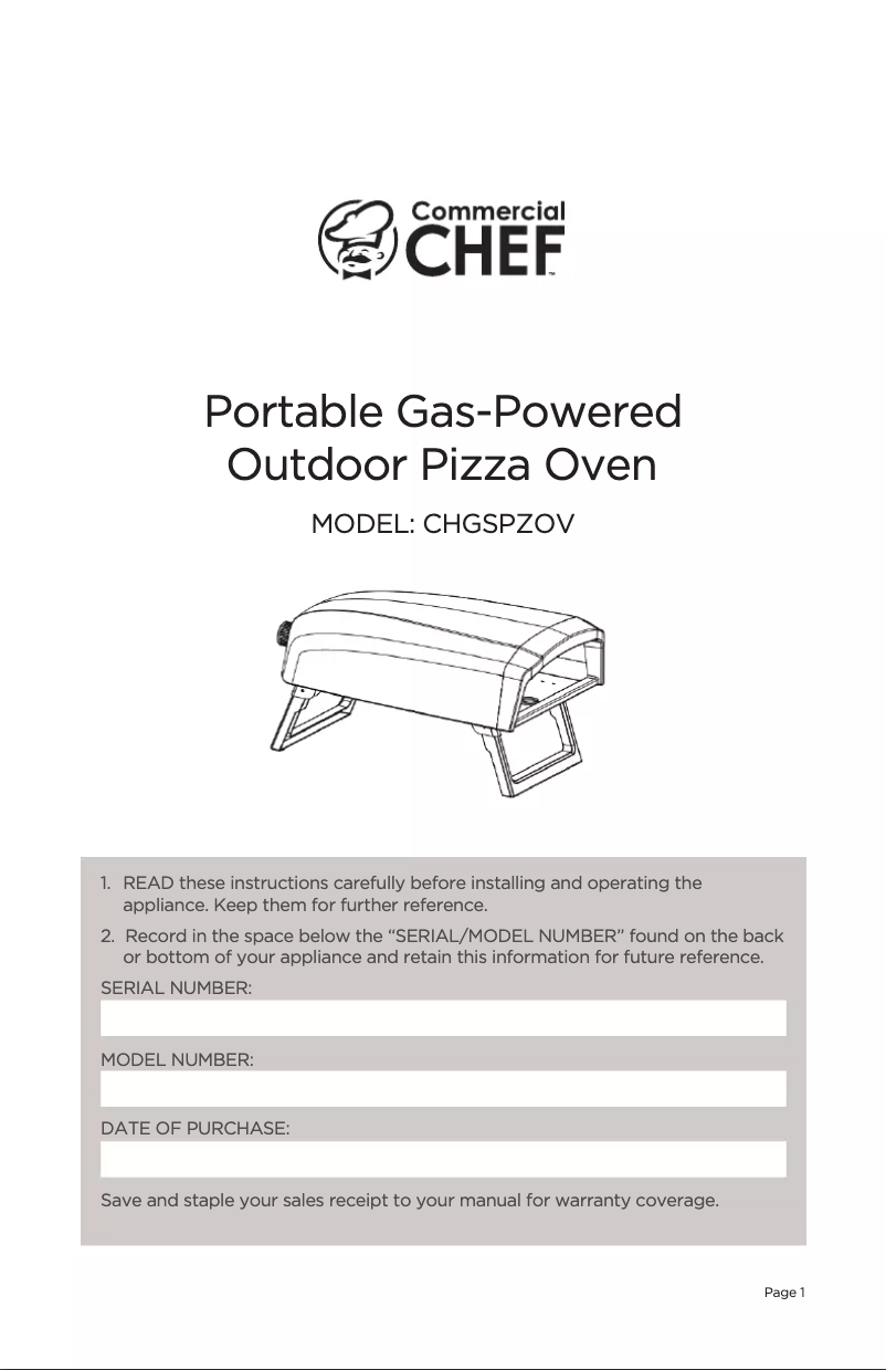 Page 1 of the manual User Manual Commercial Chef CHGSPZOV1