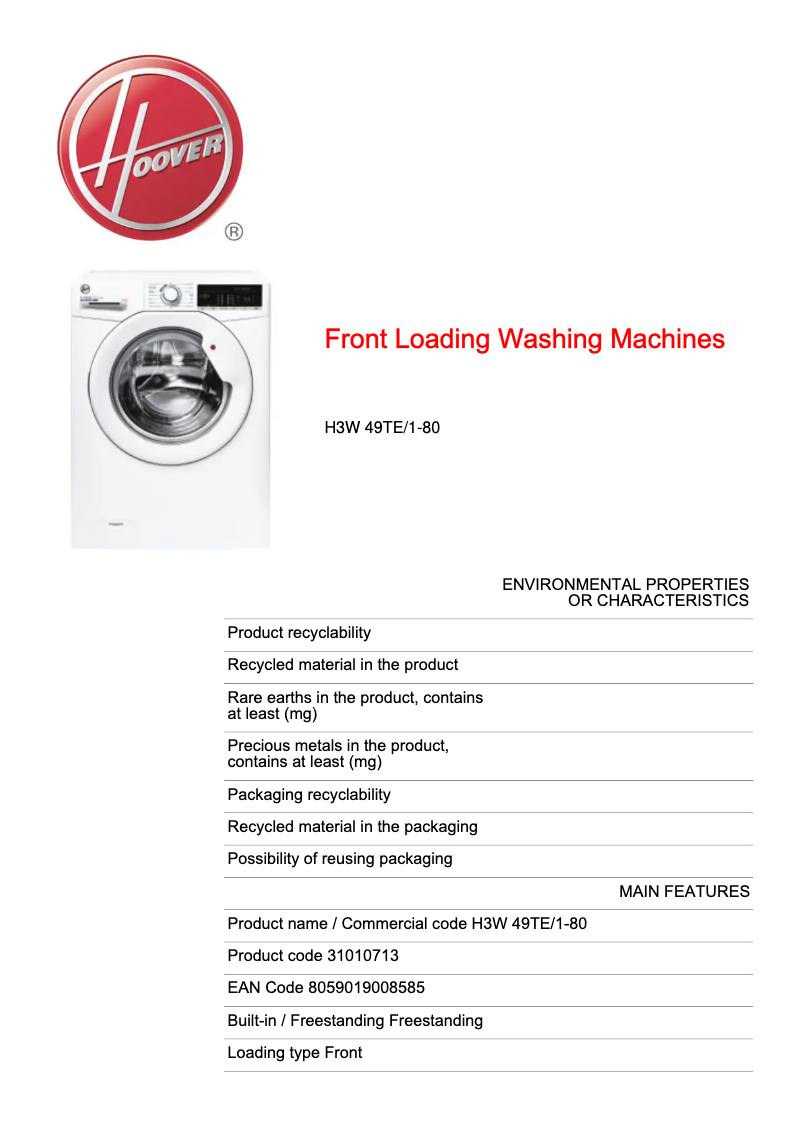 Page 1 of the manual Technical Sheet Hoover H-WASH 300 LITE H3W 49TE/1-80
