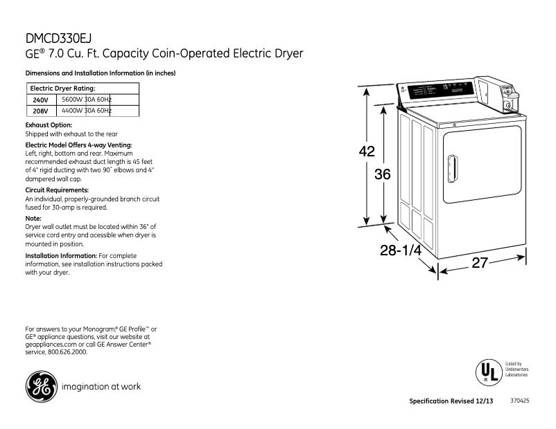 Page 1 of the manual Technical Sheet GE DMCD330EJWC