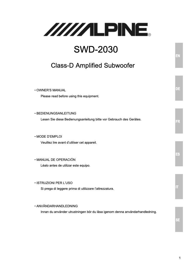 Page 1 of the manual User Manual Alpine SWD-2030