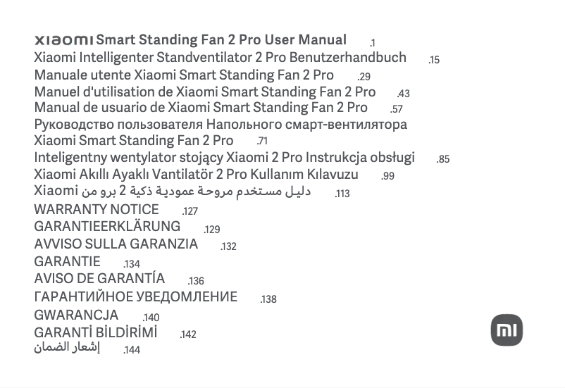 Page 1 of the manual User Manual Xiaomi Smart Standing Fan 2 Pro