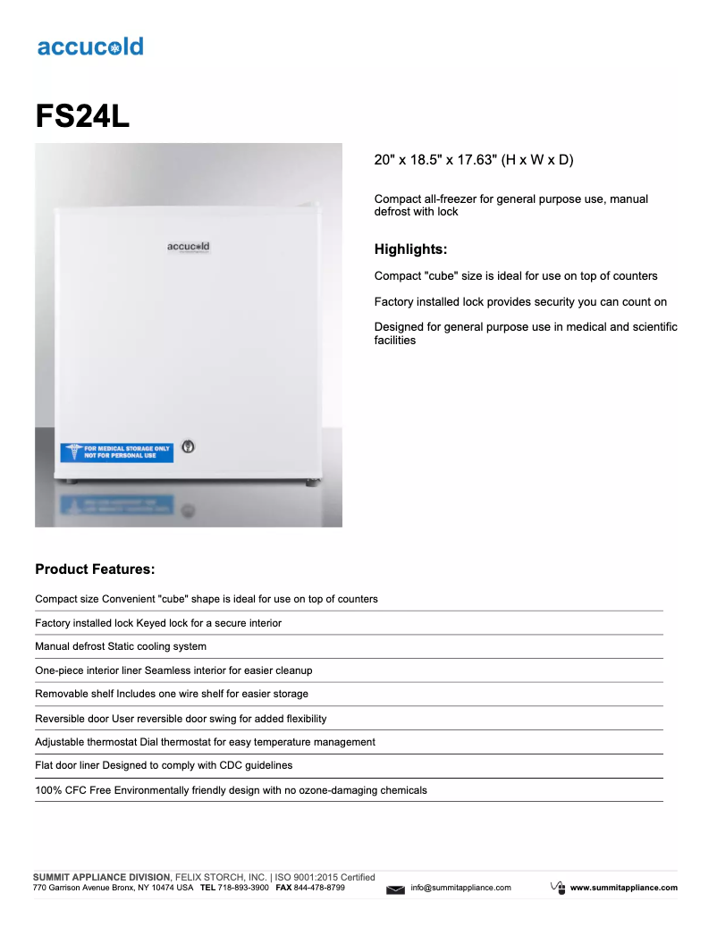 Page 1 of the manual Technical Sheet Summit Accucold FS24L