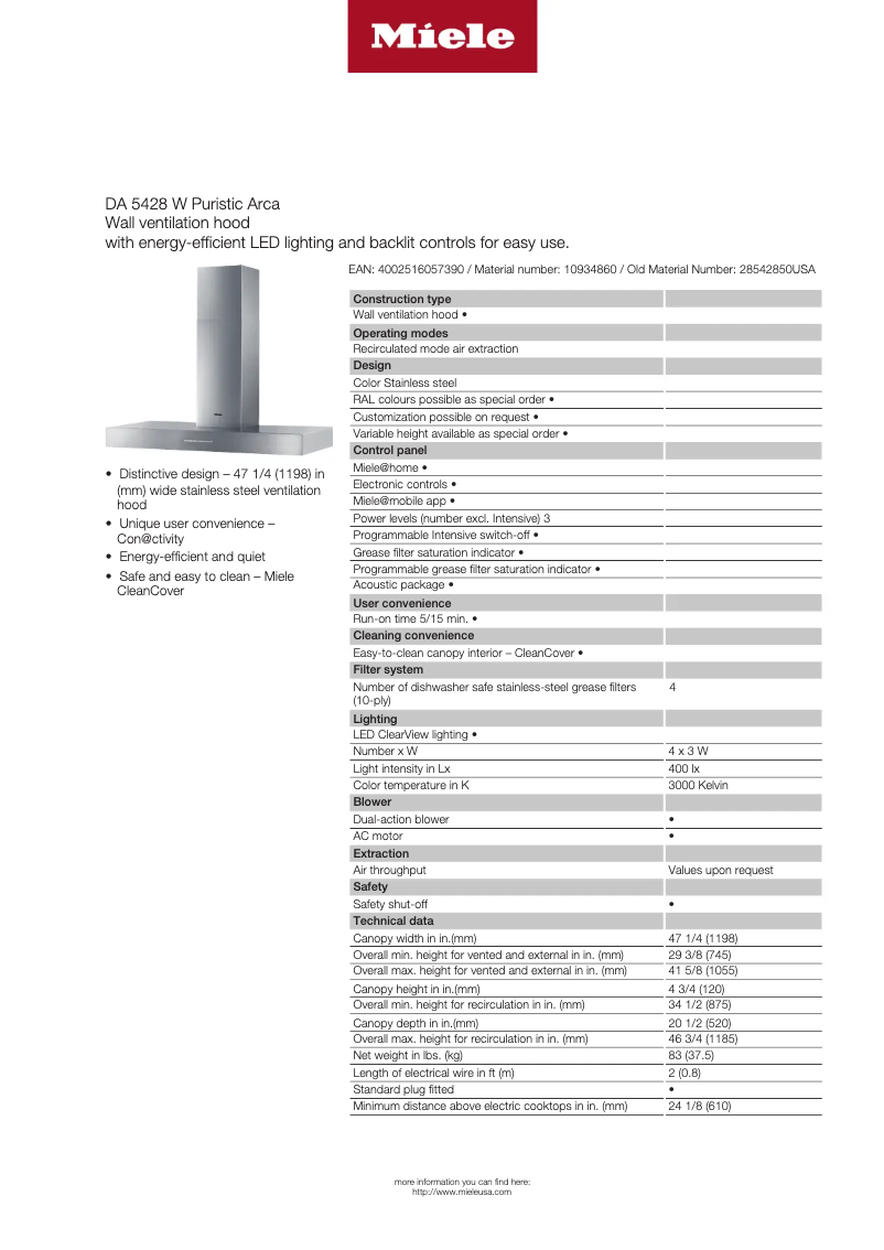 Page 1 of the manual Technical Sheet Miele DA 5428 W Puristic Arca