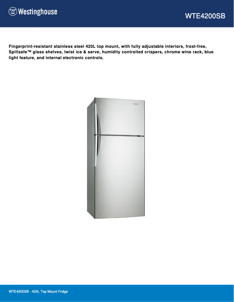 Page 1 of the manual Technical Sheet Westinghouse WTE4200SB
