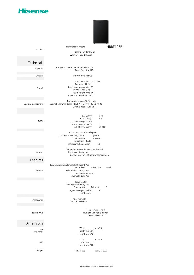 Page 1 of the manual Technical Sheet Hisense HRBF125B