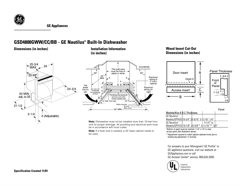 Page 1 of the manual Technical Sheet GE GSD4800GBB