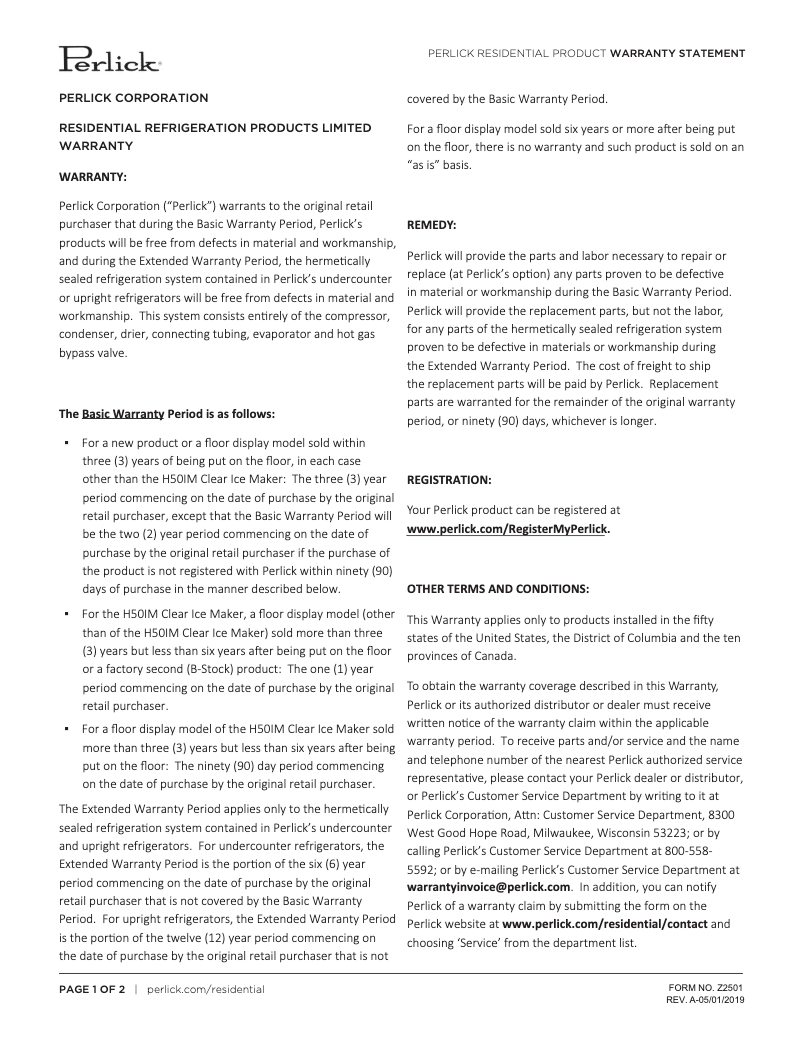 Page 1 of the manual Warranty Information Perlick HA24RB-4-2L