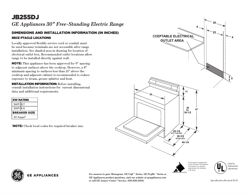 Page 1 of the manual Technical Sheet GE JB255DJCC