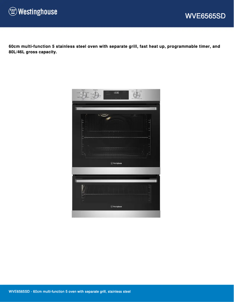 Page 1 of the manual Technical Sheet Westinghouse WVE6565SD