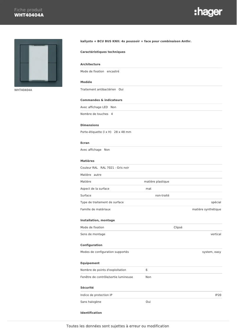 Page 1 of the manual Technical Sheet Hager WHT40404A
