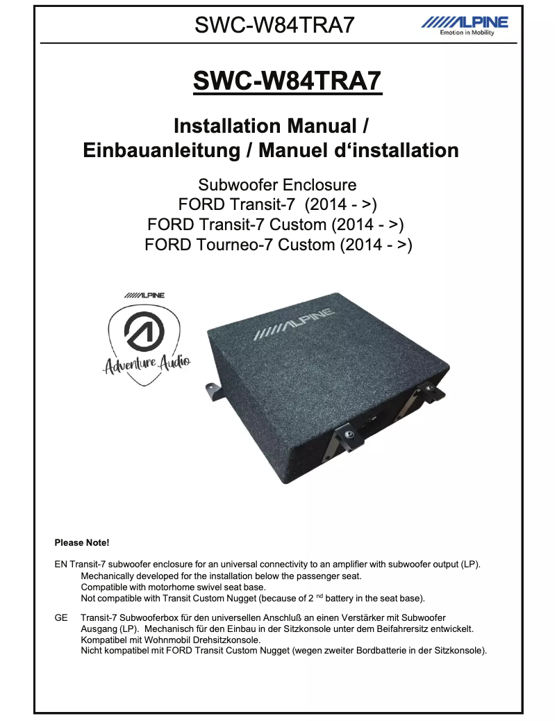 First page image of the manual for SWC-W84TRA7