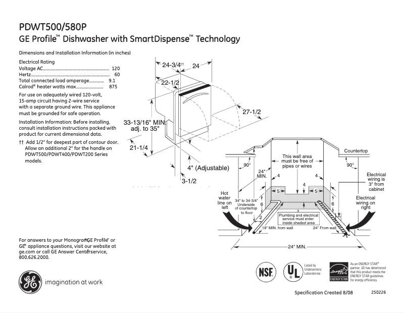 Page 1 of the manual Technical Sheet GE Profile PDWT500PBB