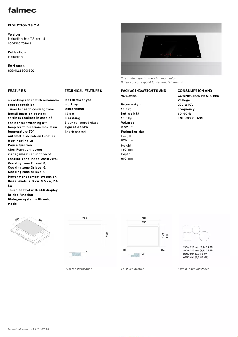 Page 1 of the manual Technical Sheet Falmec Induction Hob 78 cm