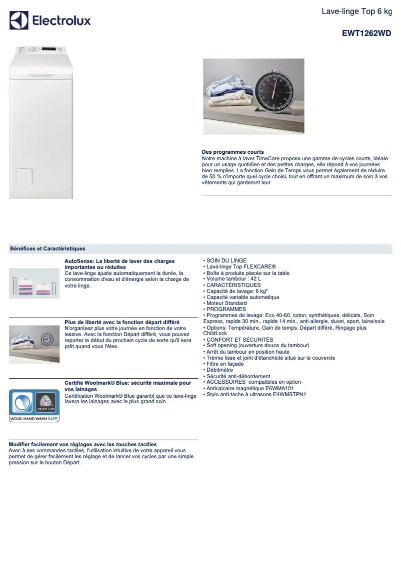 Page 1 of the manual Technical Sheet Electrolux EWT1262WD