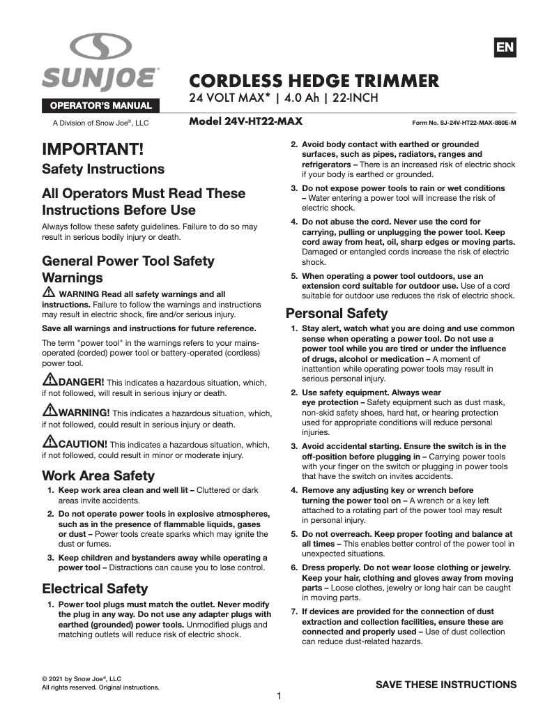 Page 1 of the manual User Manual Sun Joe 24V-HT22-MAX