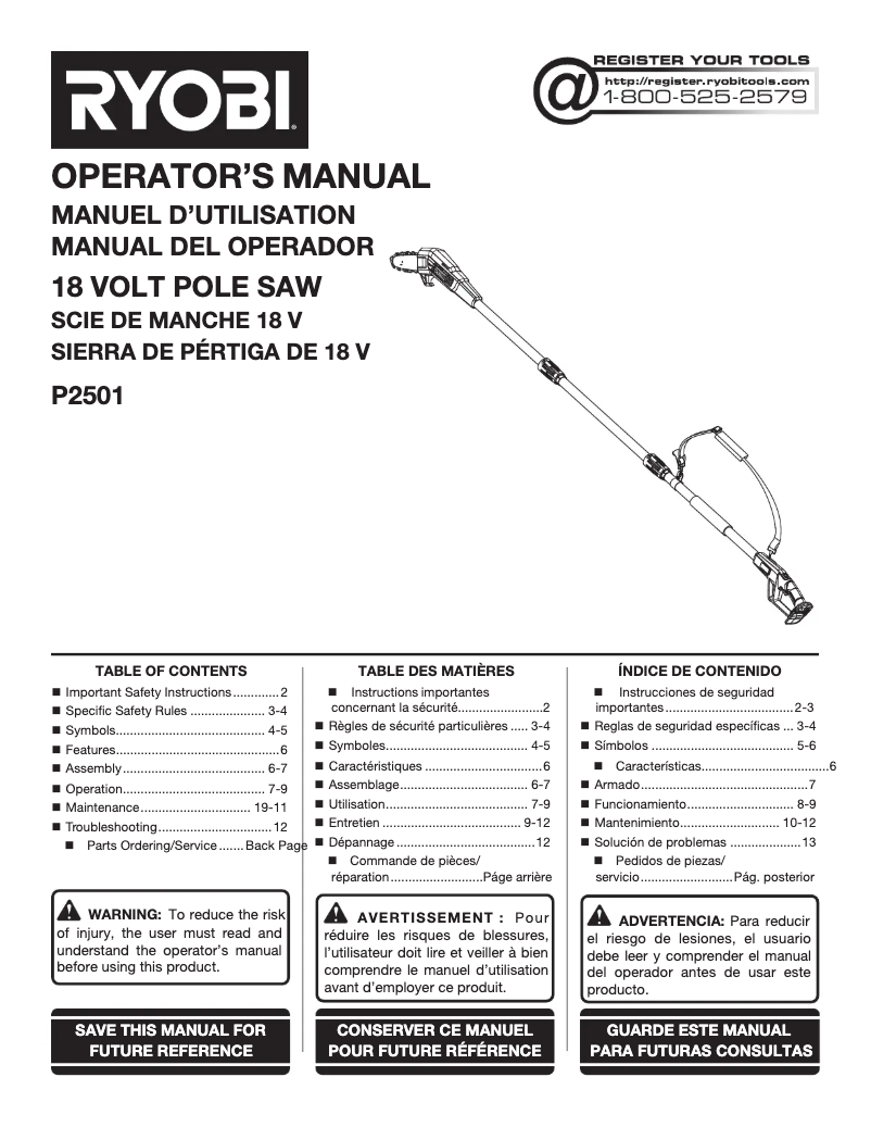 Page 1 of the manual User Manual RYOBI One+ P2501