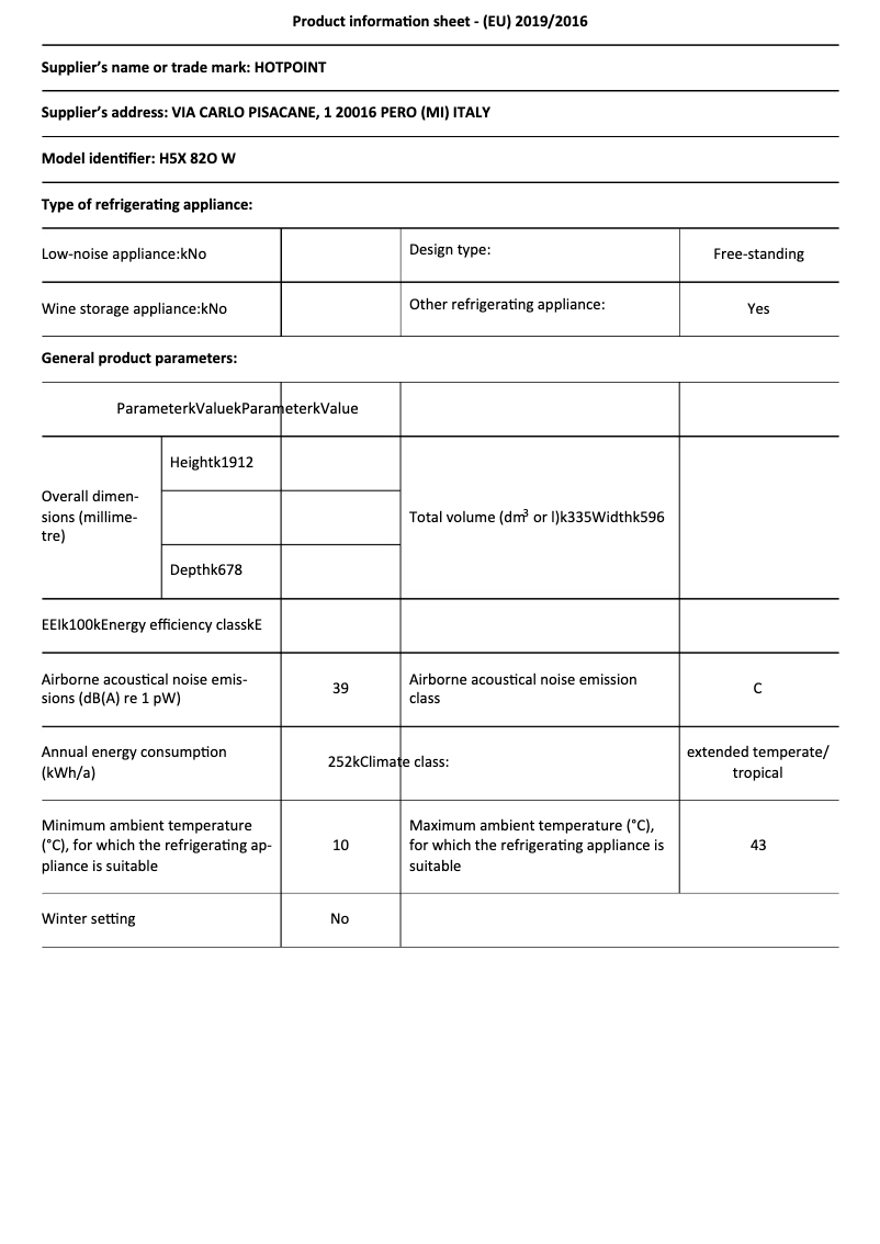 Page 1 of the manual Technical Sheet Hotpoint H5X 82O W