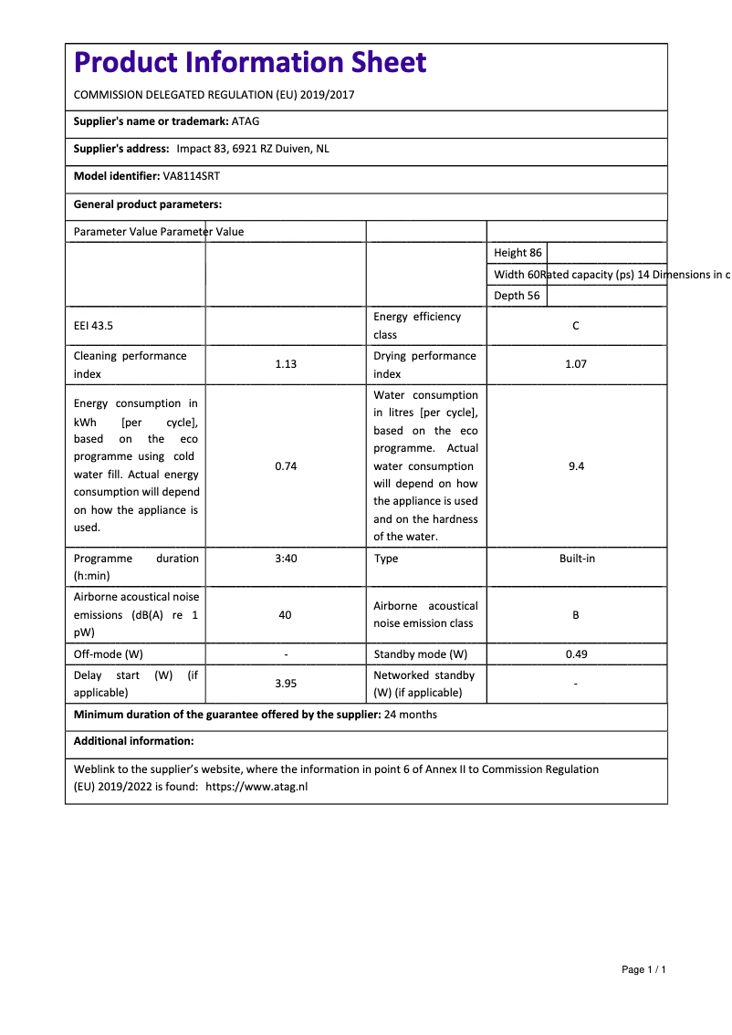 First page image of the manual for VA8114SRT