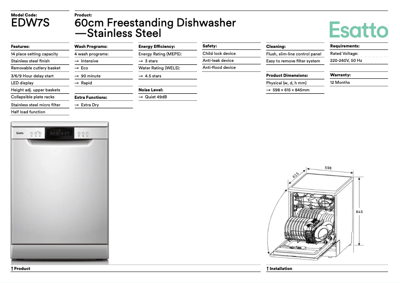 Page 1 of the manual Technical Sheet Esatto EOCDWPK