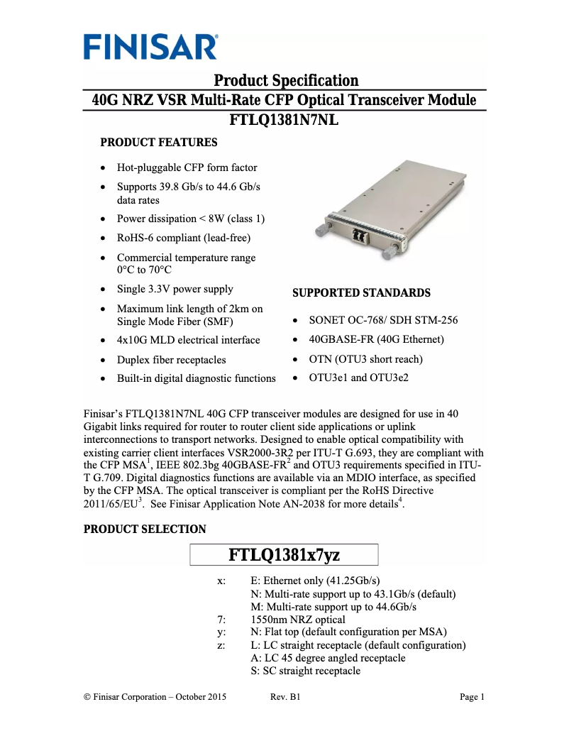 Page 1 of the manual User Manual Finisar FTLQ1381N7NL