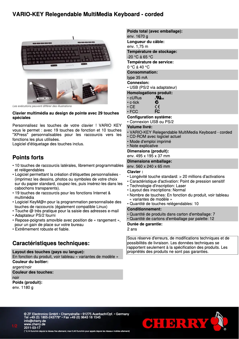 Page 1 of the manual Technical Sheet Cherry VARIO-KEY