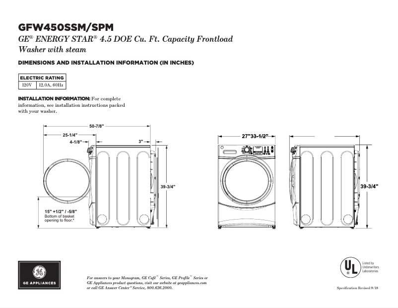 Page 1 of the manual Technical Sheet GE GFW450SPMDG