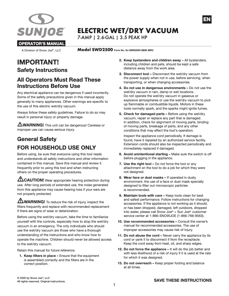 Page 1 of the manual User Manual Sun Joe SWD2500