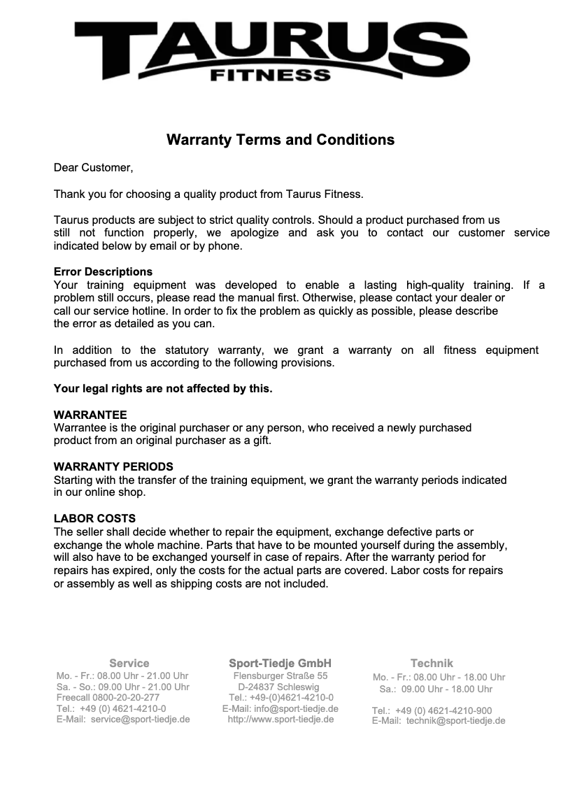 Page 1 of the manual Warranty Information Taurus WS7