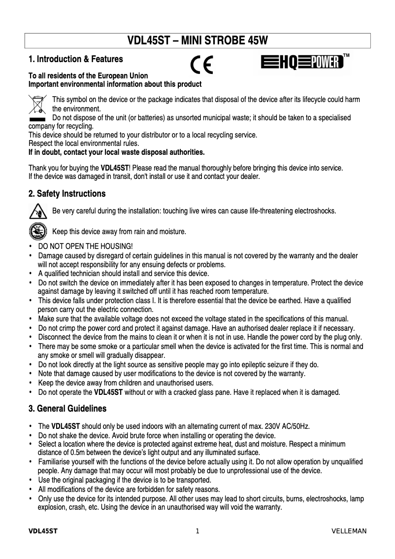 Page 1 of the manual User Manual HQ Power vdl45st