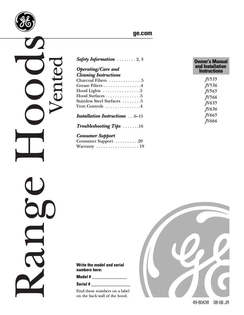 First page image of the manual for Profile JV635HCC