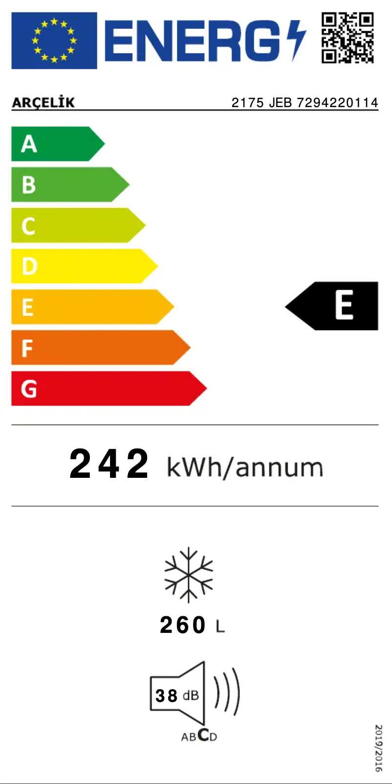 Page 1 of the manual Energy Label Arçelik 2175 JEB