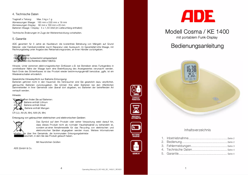 First page image of the manual for Cosma KE 1400