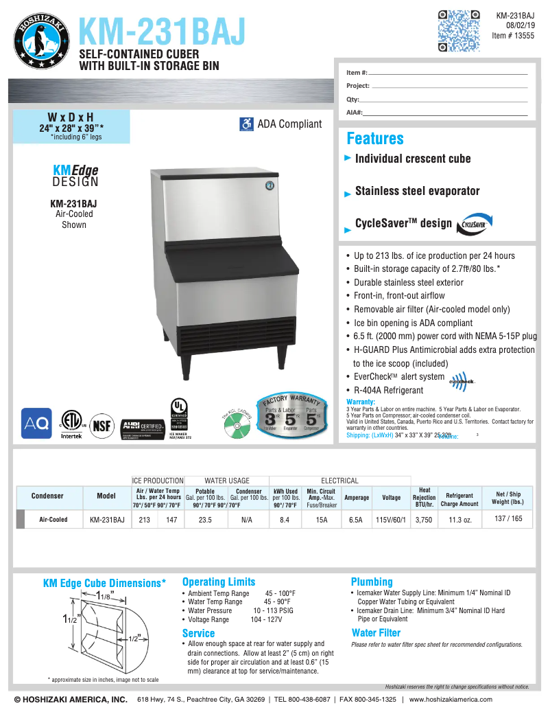 Page 1 of the manual Technical Sheet Hoshizaki KM-201BAH