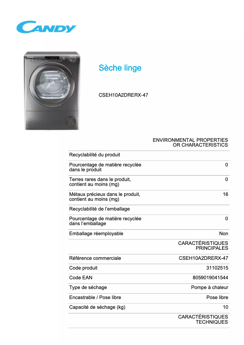 First page image of the manual for CSEH10A2DRERX-47