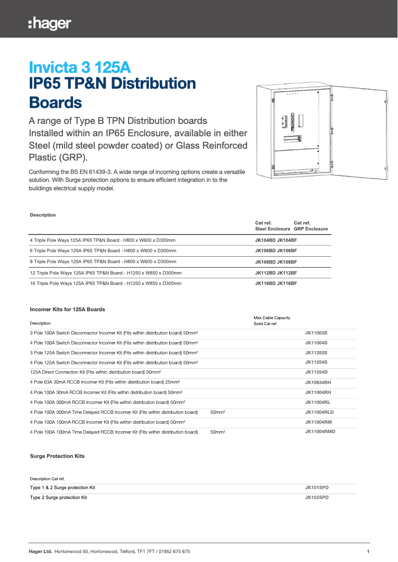Page 1 of the manual Technical Sheet Hager JK116BD