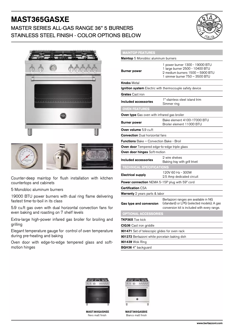 Page 1 of the manual Technical Sheet Bertazzoni MAST365GASXE