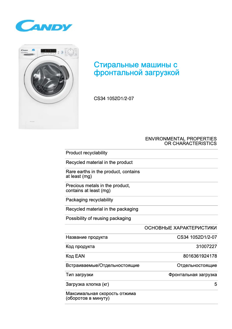 Page 1 of the manual Technical Sheet Candy CS34 1052D1/2-07