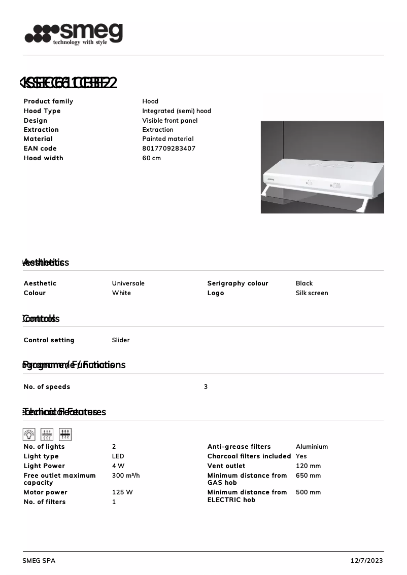 Page 1 of the manual Technical Sheet Smeg KSEC61CBE2