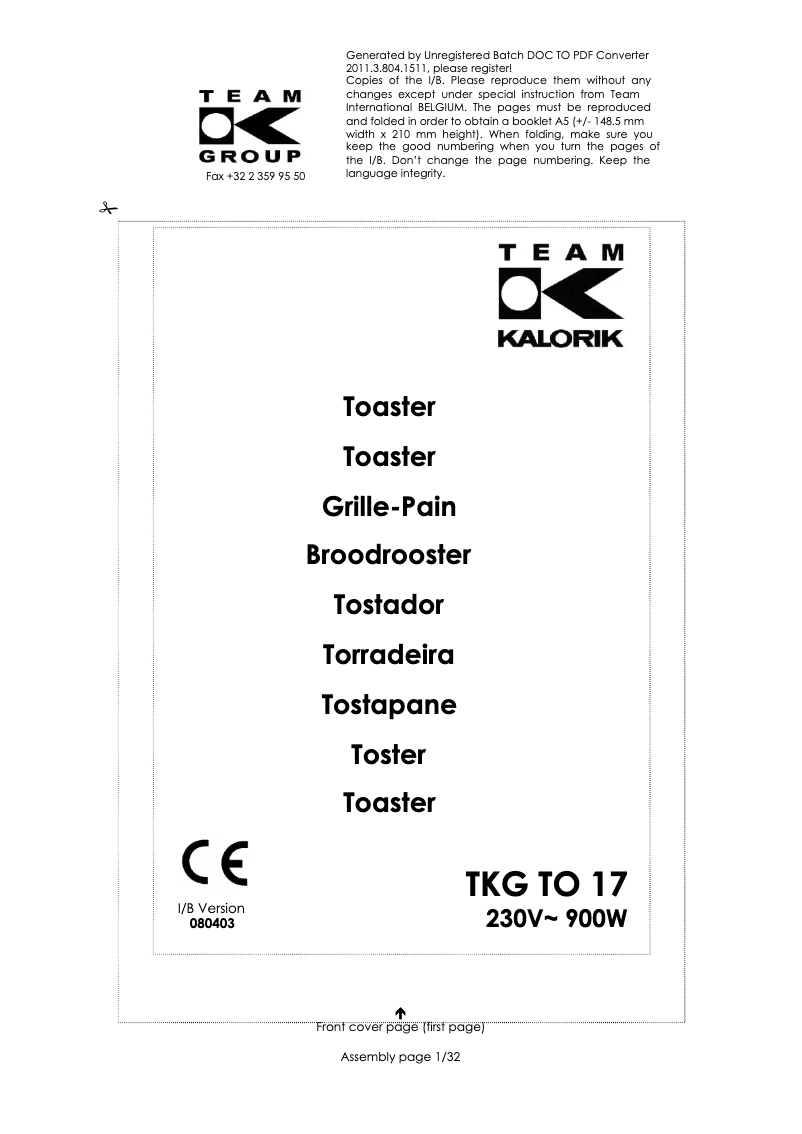 Image de la première page du manuel de l'appareil TKG TO 17