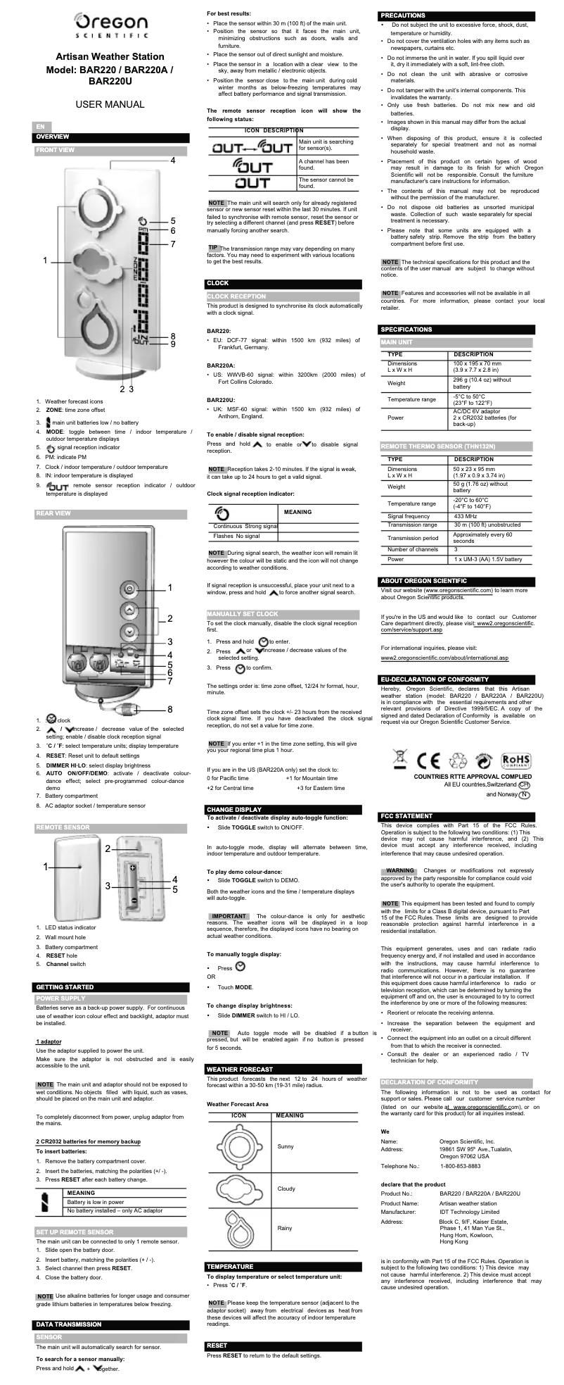 First page image of the manual for BAR 220