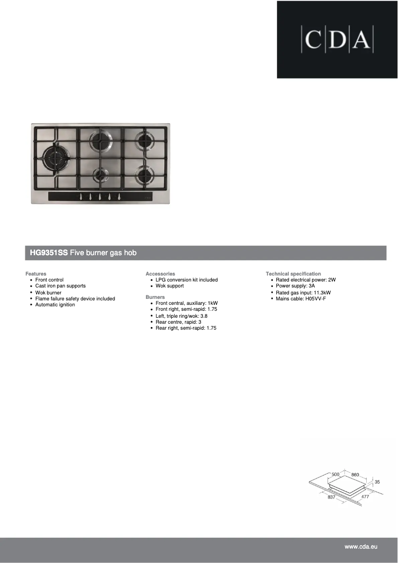 Page 1 of the manual Technical Sheet CDA HG9351SS