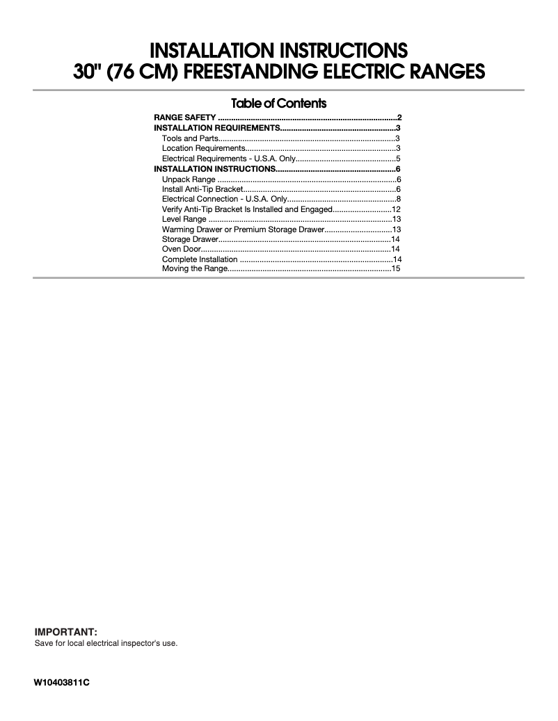 Page 1 of the manual Installation Guide Maytag MER6600FB