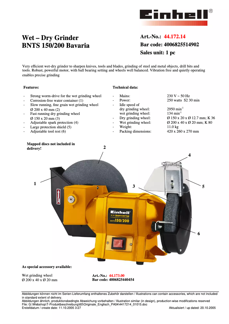 Page 1 of the manual Technical Sheet Bavaria by Einhell BNTS 150/200
