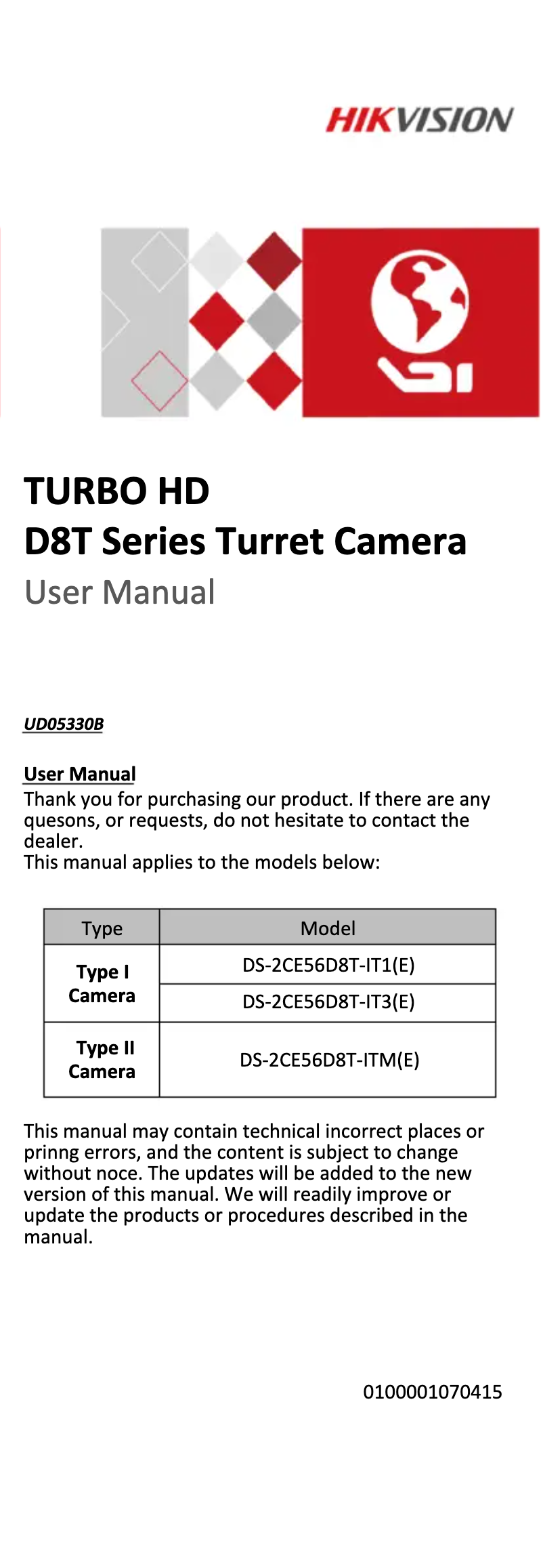 Page 1 of the manual Instruction Manual Hikvision DS-2CE56D8T-IT3E