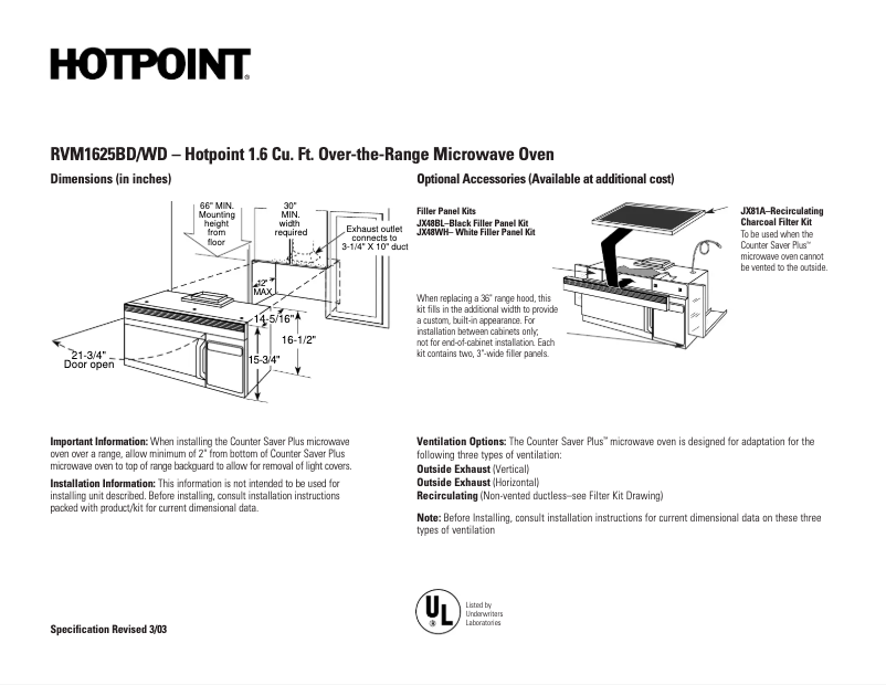 Page 1 of the manual Technical Sheet Hotpoint CounterSaver Plus RVM1625WD