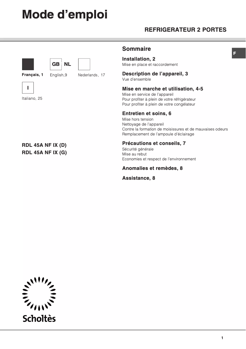 First page image of the manual for RDL 45A NF