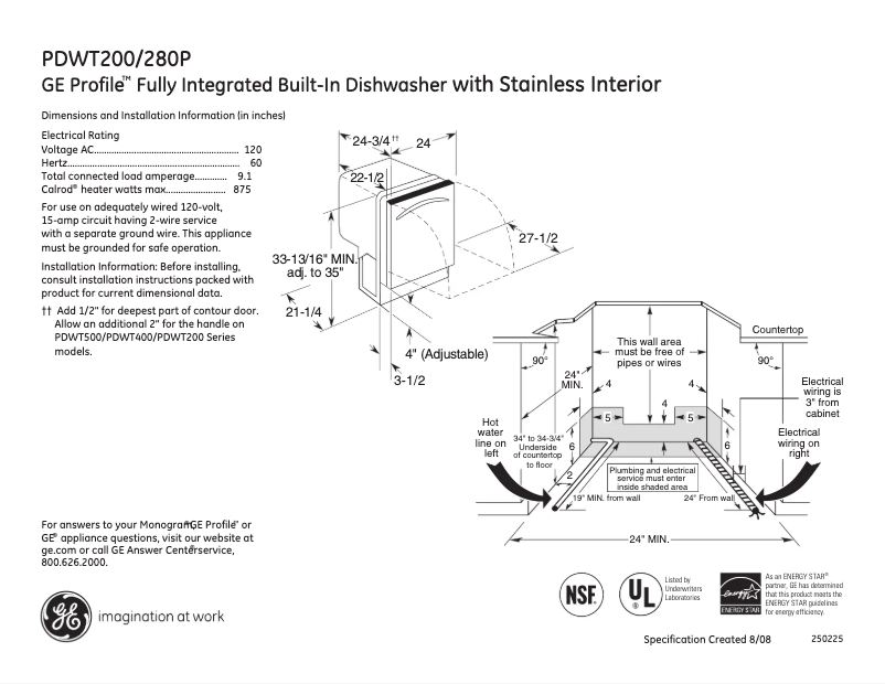 Page 1 of the manual Technical Sheet GE Profile PDWT200PBB