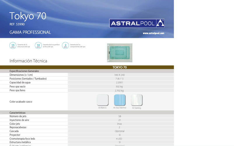 Page 1 of the manual Technical Sheet AstralPool Tokyo 70